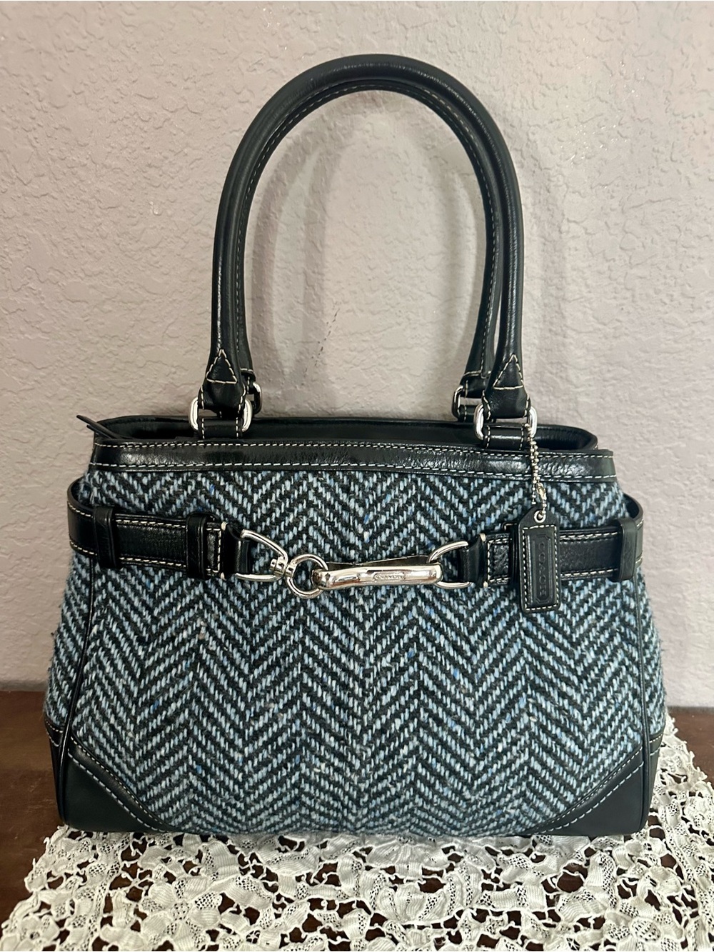 Y2K Coach Hampton Herringbone Carryall Satchel Tweed Black & Blue F11215